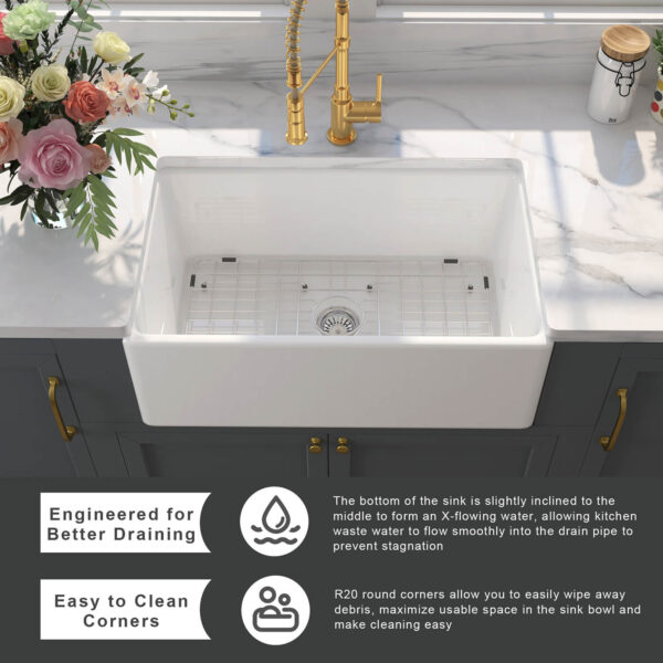 Farmhouse Sink Deep Single Bowl White Ceramic Porcelain Fireclay White Apron-Front Kitchen Farm House Sink