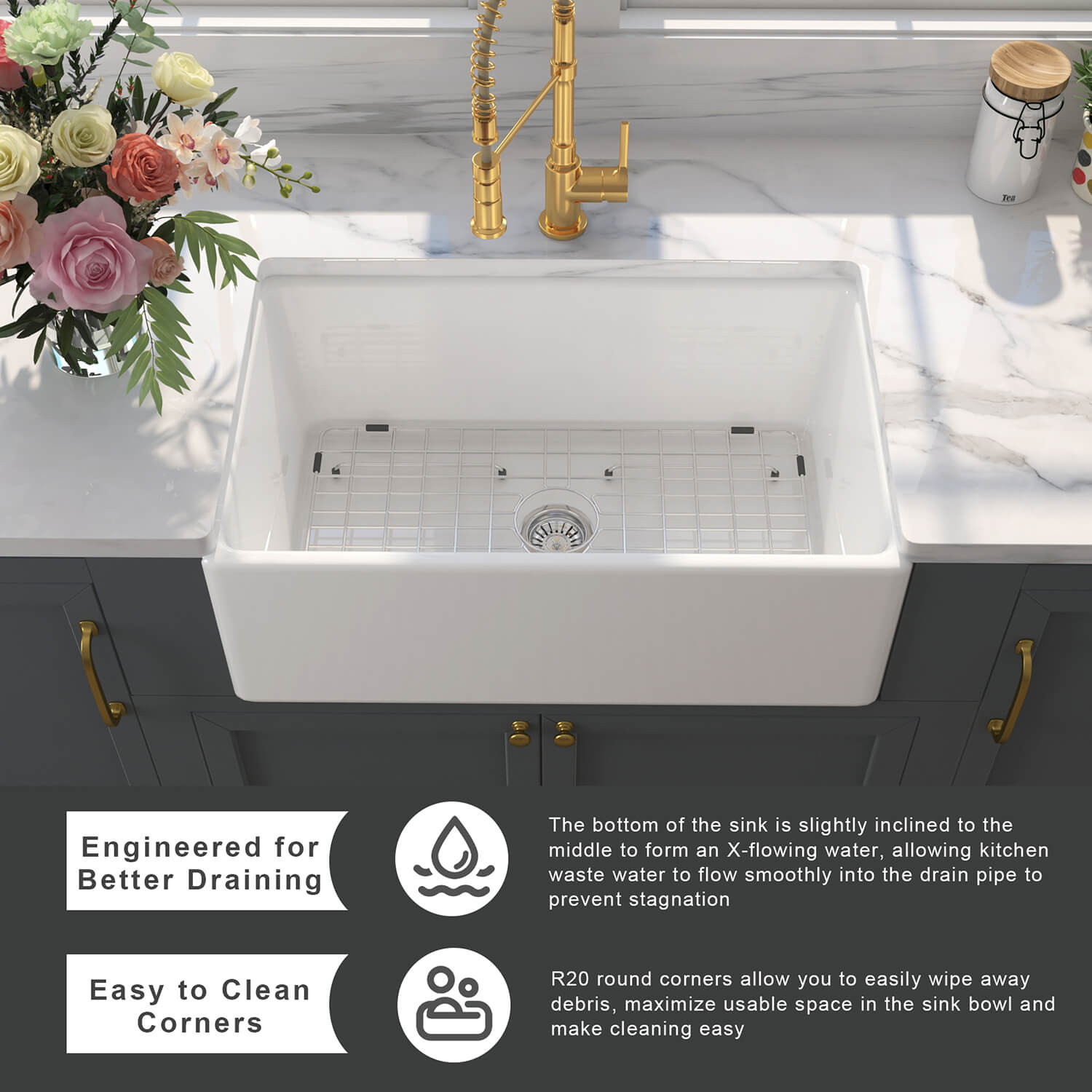 Kitchen Sink Apron Front Ceramic Porcelain Single Bowl Farmhouse Kitchen Sink - Image 9