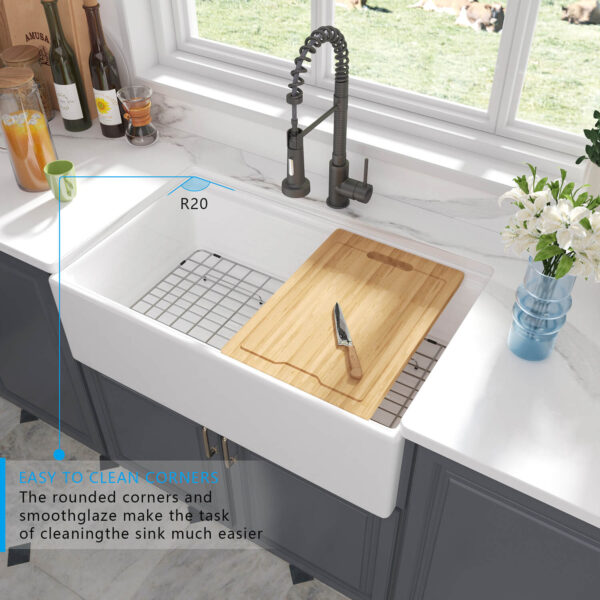 Farmhouse Sink Deep Single Bowl White Ceramic Porcelain Fireclay White Apron-Front Kitchen Farm House Sink
