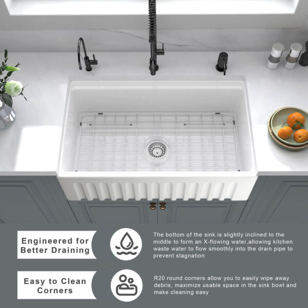 Farmhouse Sink Deep Single Bowl White Ceramic Porcelain Fireclay White Apron-Front Kitchen Farm House Sink