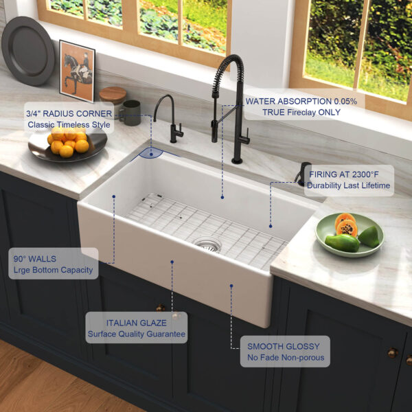 Farmhouse Sink Deep Single Bowl White Ceramic Porcelain Fireclay White Apron-Front Kitchen Farm House Sink
