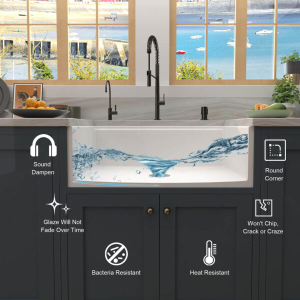 Farmhouse Sink Deep Single Bowl White Ceramic Porcelain Fireclay White Apron-Front Kitchen Farm House Sink