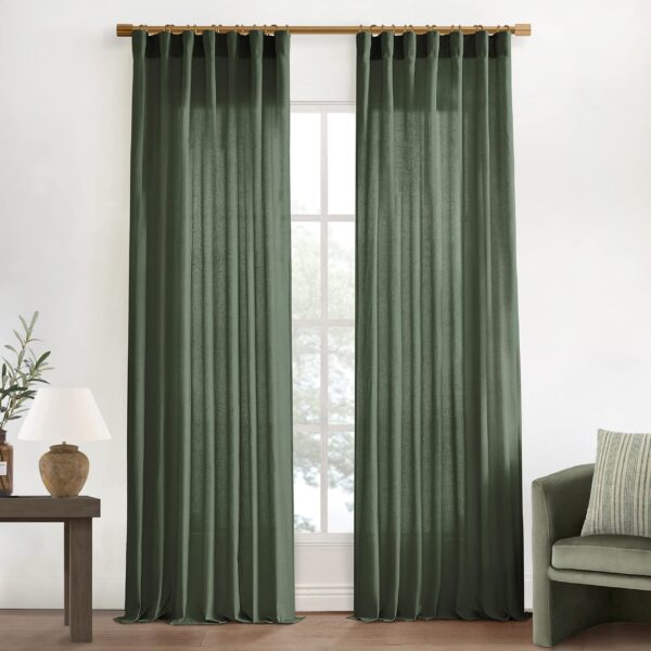 Cheap Olive Green Semi Sheer Light Filtering Linen Boho Window Curtains for Bedroom Living Room