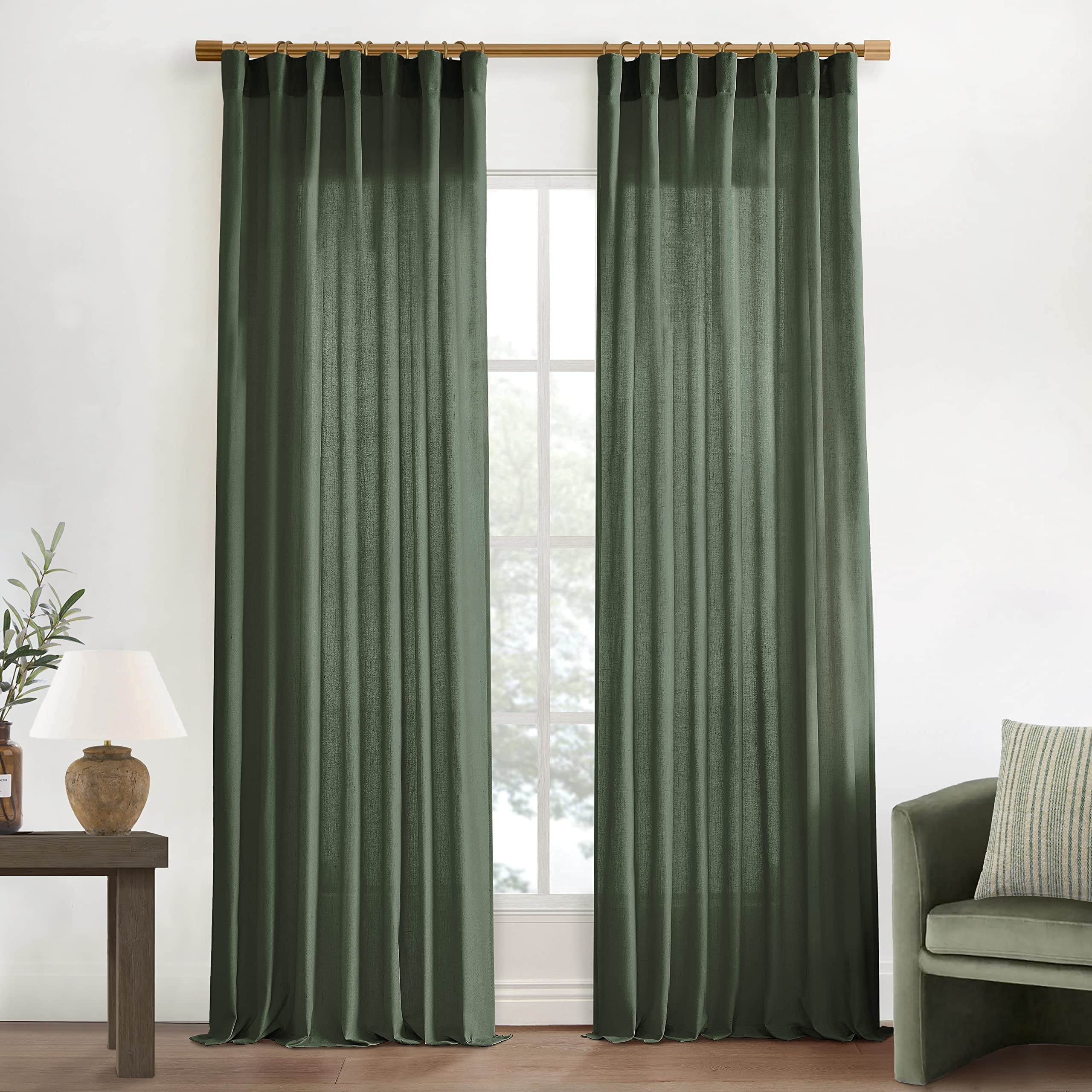 Cheap Olive Green Semi Sheer Light Filtering Linen Boho Window Curtains for Bedroom Living Room