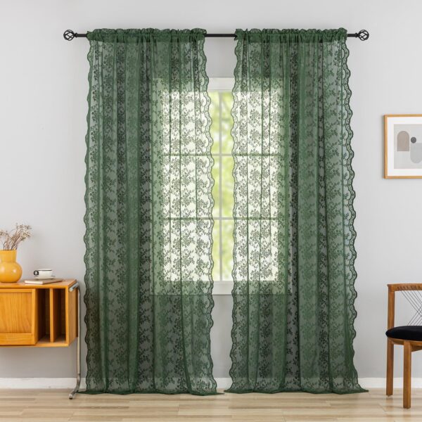 Luxury Vintage Window Sheer Curtains Olive Green Country Boho Lace with Light Filtering Valances & Curtains