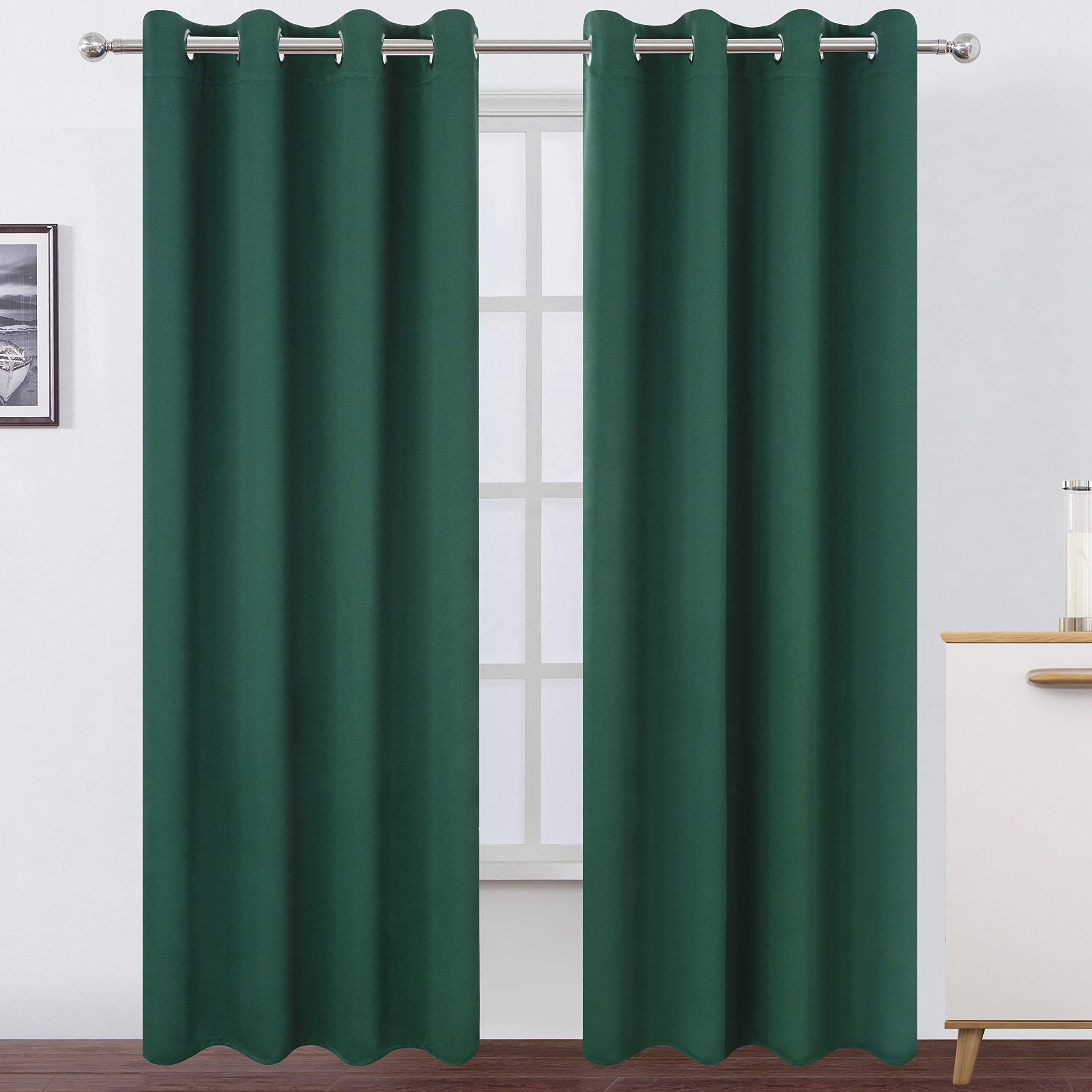 Thermal Insulated Room Darkening Curtains Dark Green Blackout Window Coverings for Bedrooms Woven Techniques