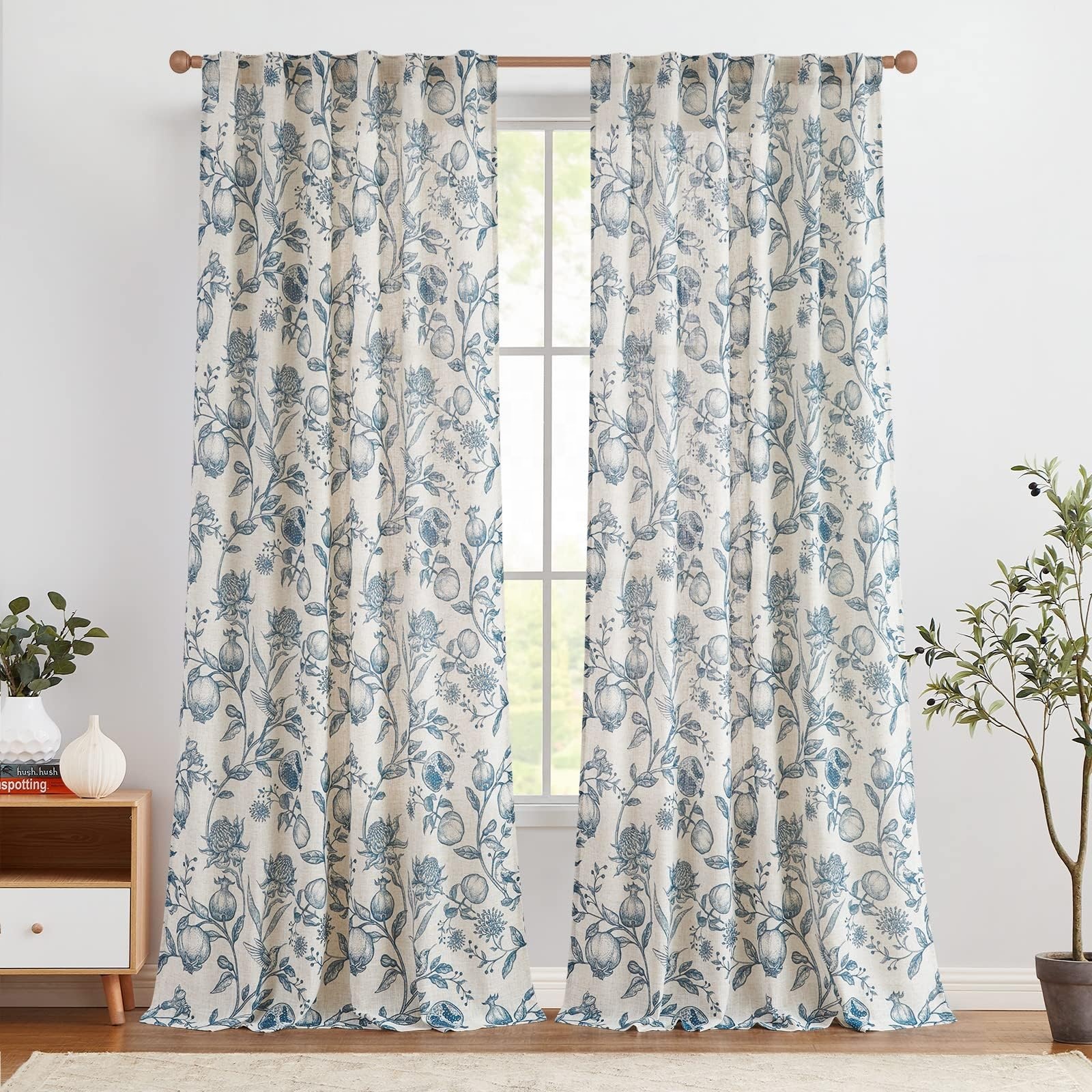 Wholesale Blue Sheer Curtain Light Filtering Toile Print Floral Linen Curtains for Living Room