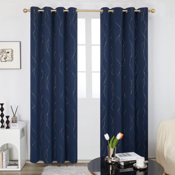 Wholesale High Quality Navy Blue and Gold Living Room Darkening Curtains Woven Plant Pattern with Grommets Blackout Drapes
