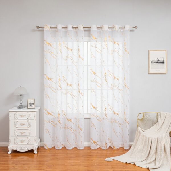 Linen Texture Sheer Drapes Curtains for the Living Room Luxury Marble Foil Printed Gold White Semi Sheer Curtains