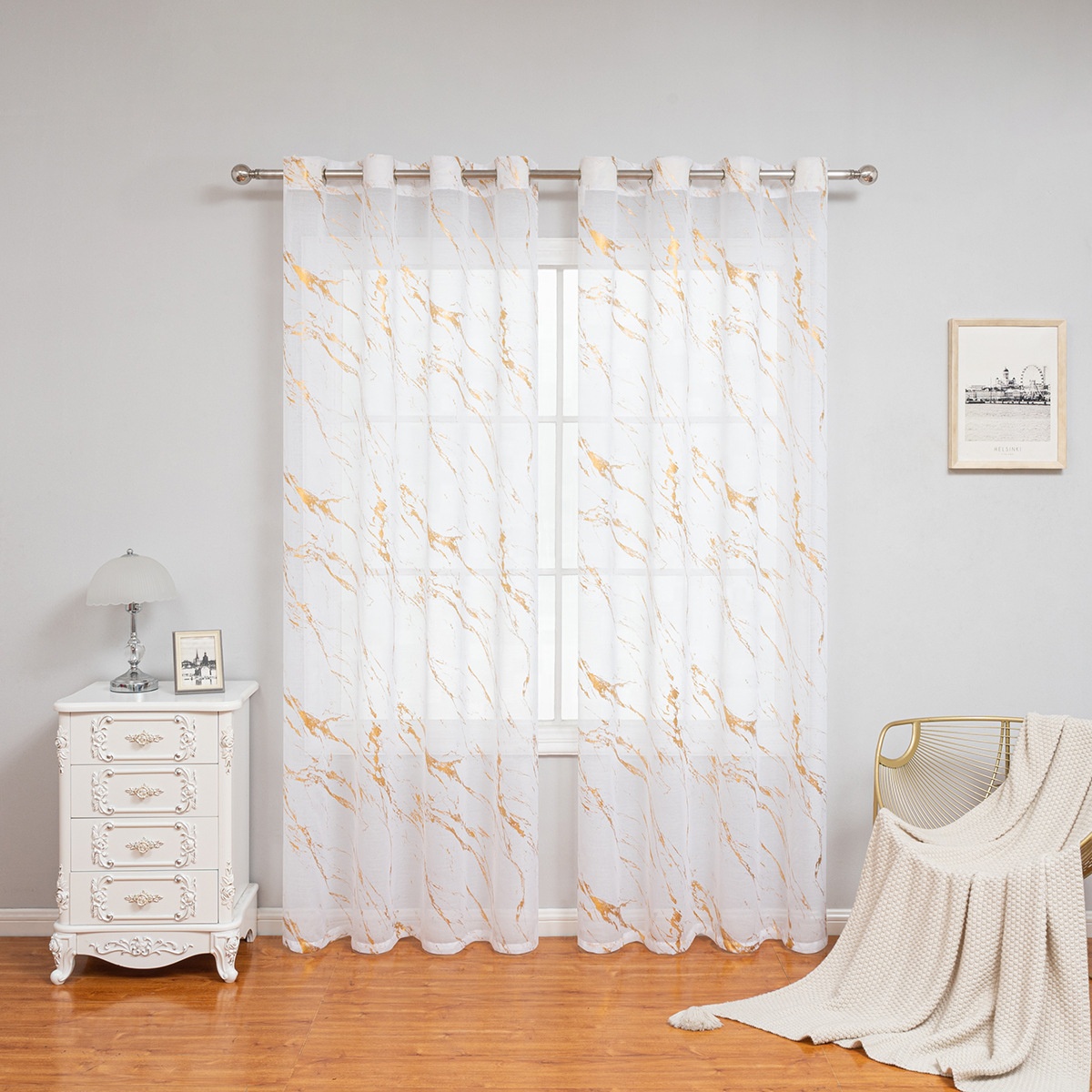 Linen Texture Sheer Drapes Curtains for the Living Room Luxury Marble Foil Printed Gold White Semi Sheer Curtains
