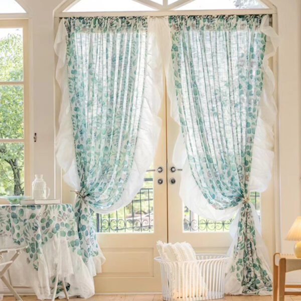 Modern Floral Digital Print Polyester Linen Look Fabric Ruffle Elegant Sheer Curtain with Woven Technics Wholesale Format Rope