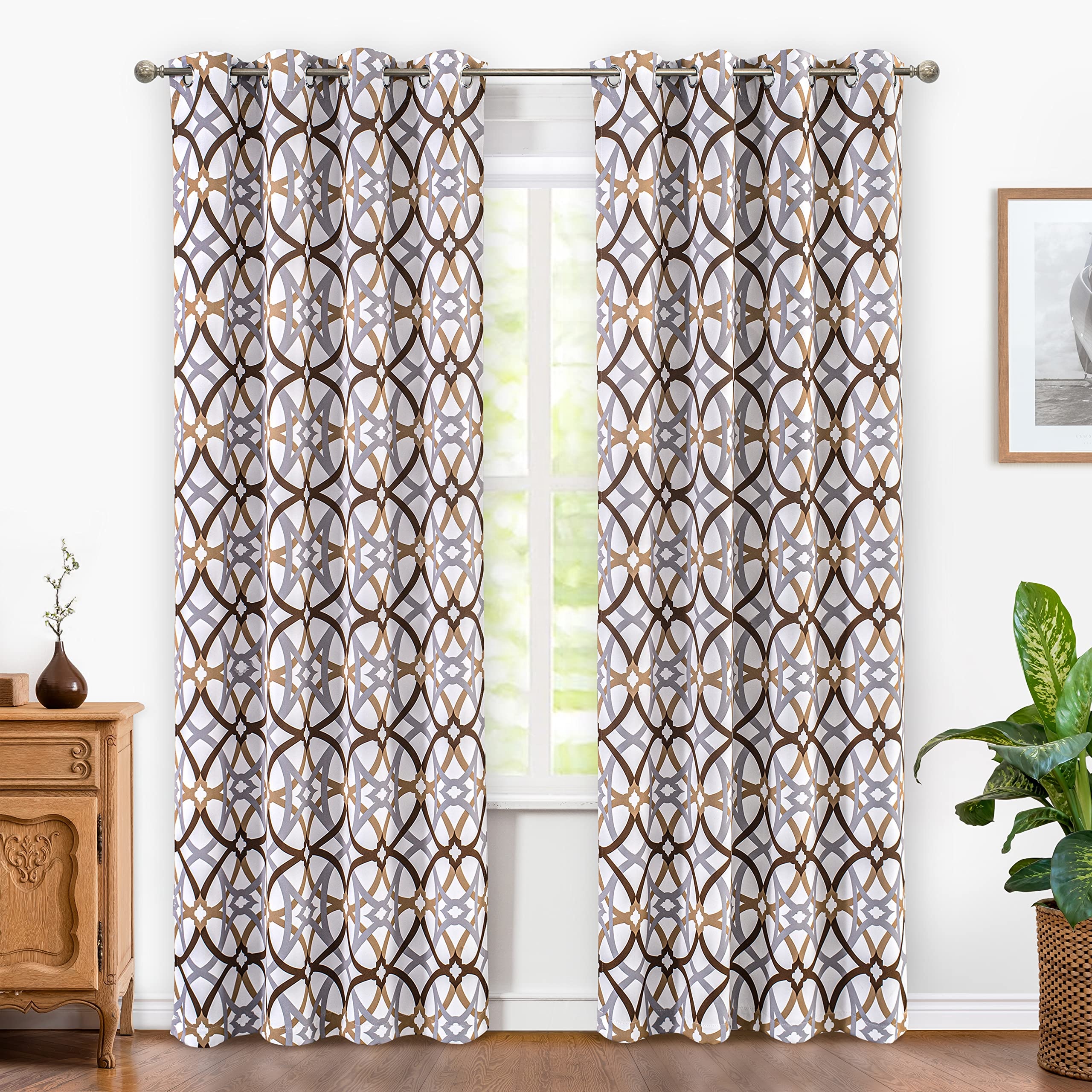 Thermal Insulated Grommet Window Curtains Spiral Geometric Trellis Pattern Blackout Curtain